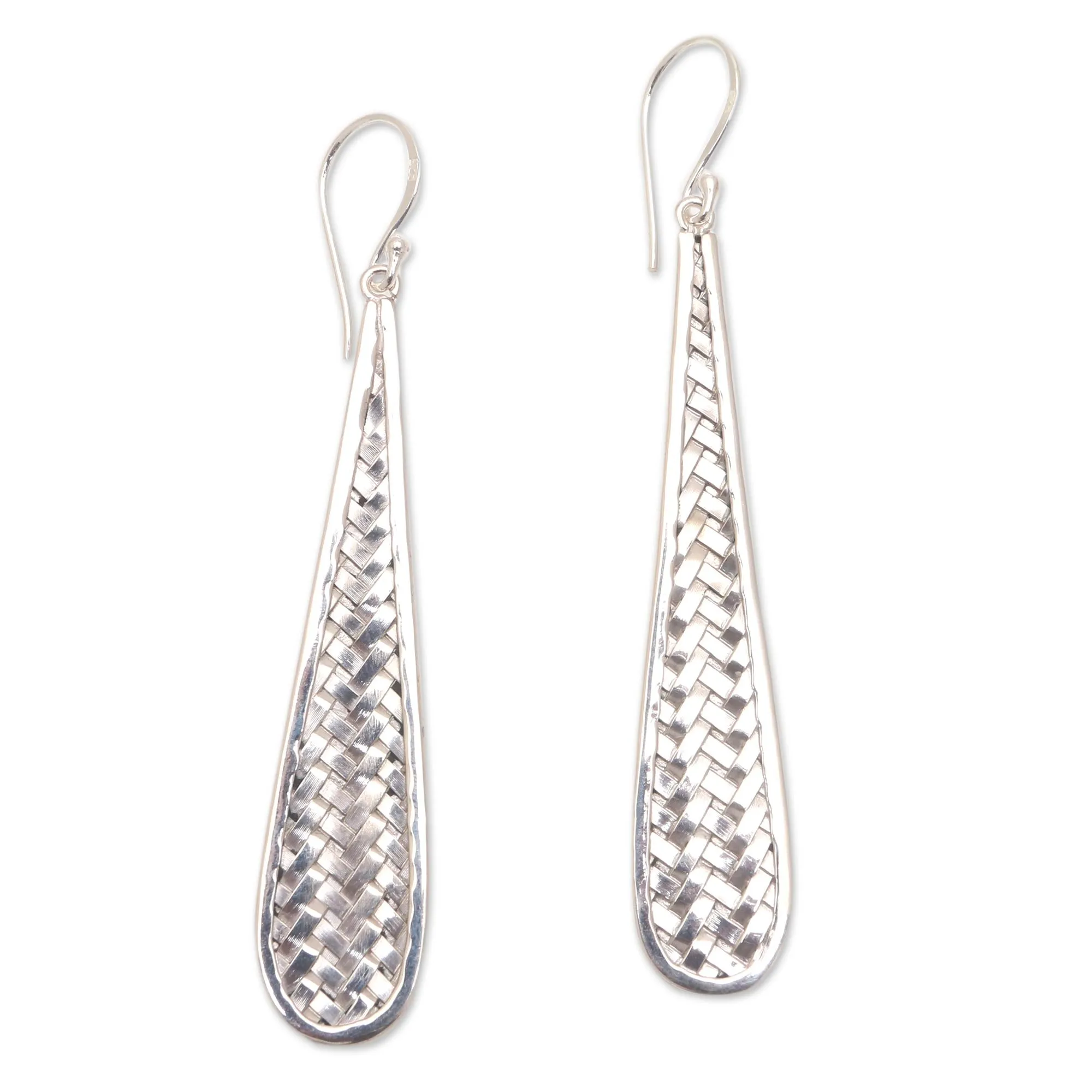 Teardrop Weave Weave Motif Sterling Silver Dangle Earrings from Bali