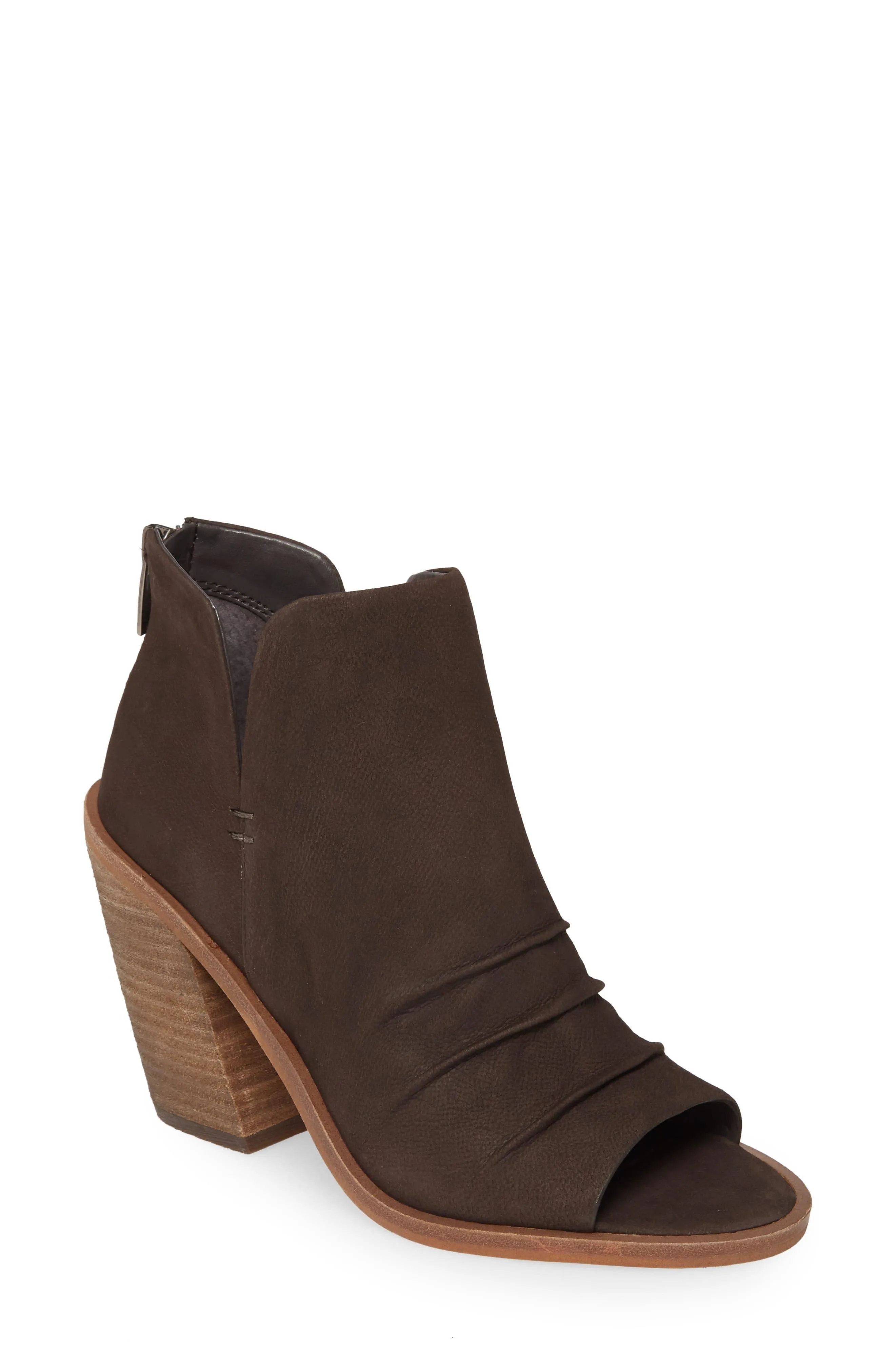 Vince Camuto Kreesi Dark Slate Peep Toe Stacked Zipper Mid Block Heel Boots