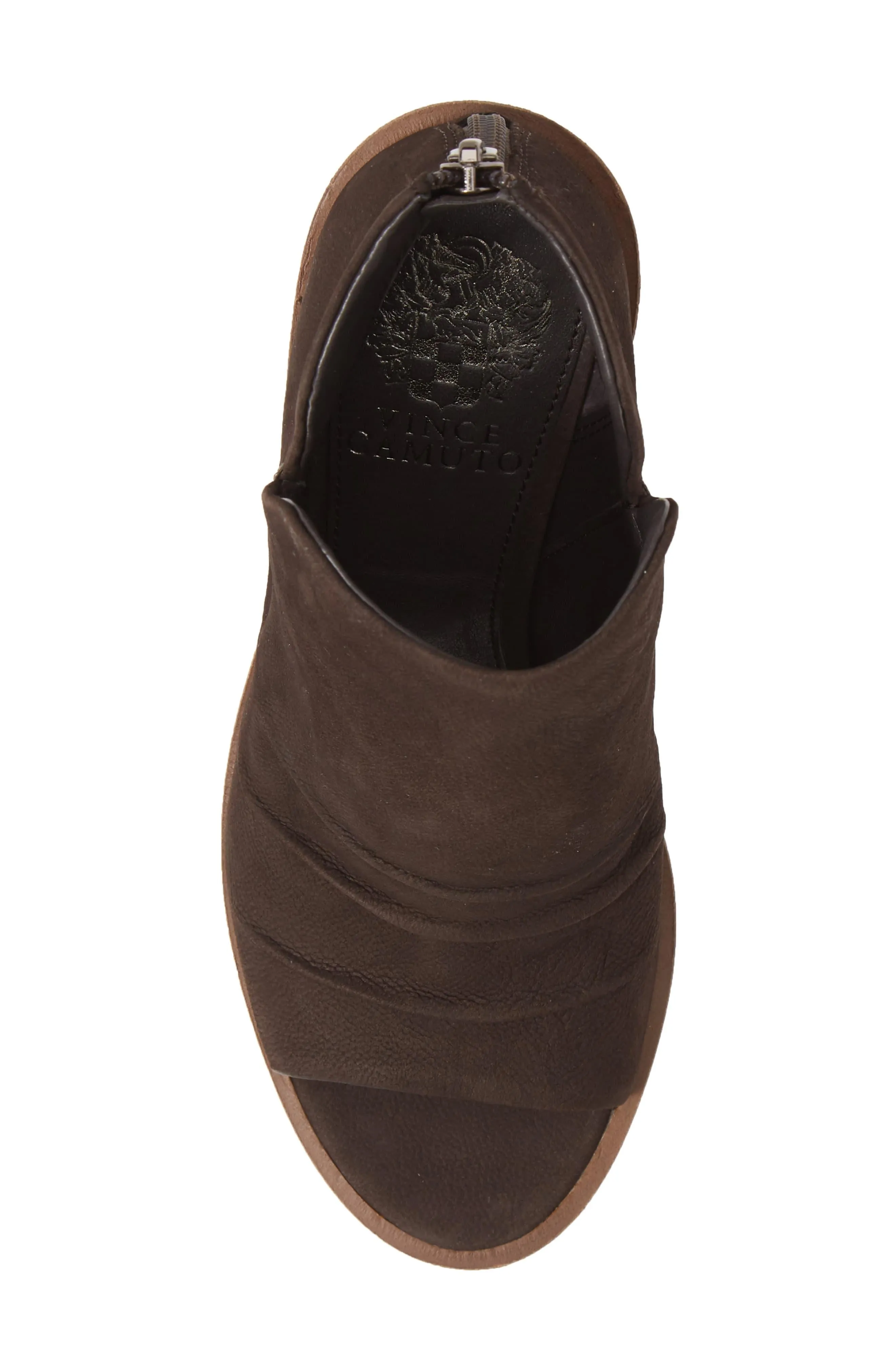 Vince Camuto Kreesi Dark Slate Peep Toe Stacked Zipper Mid Block Heel Boots