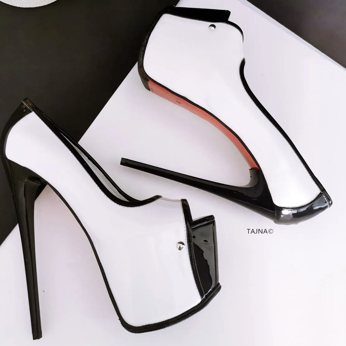 White Black Patent Open Toe Pumps