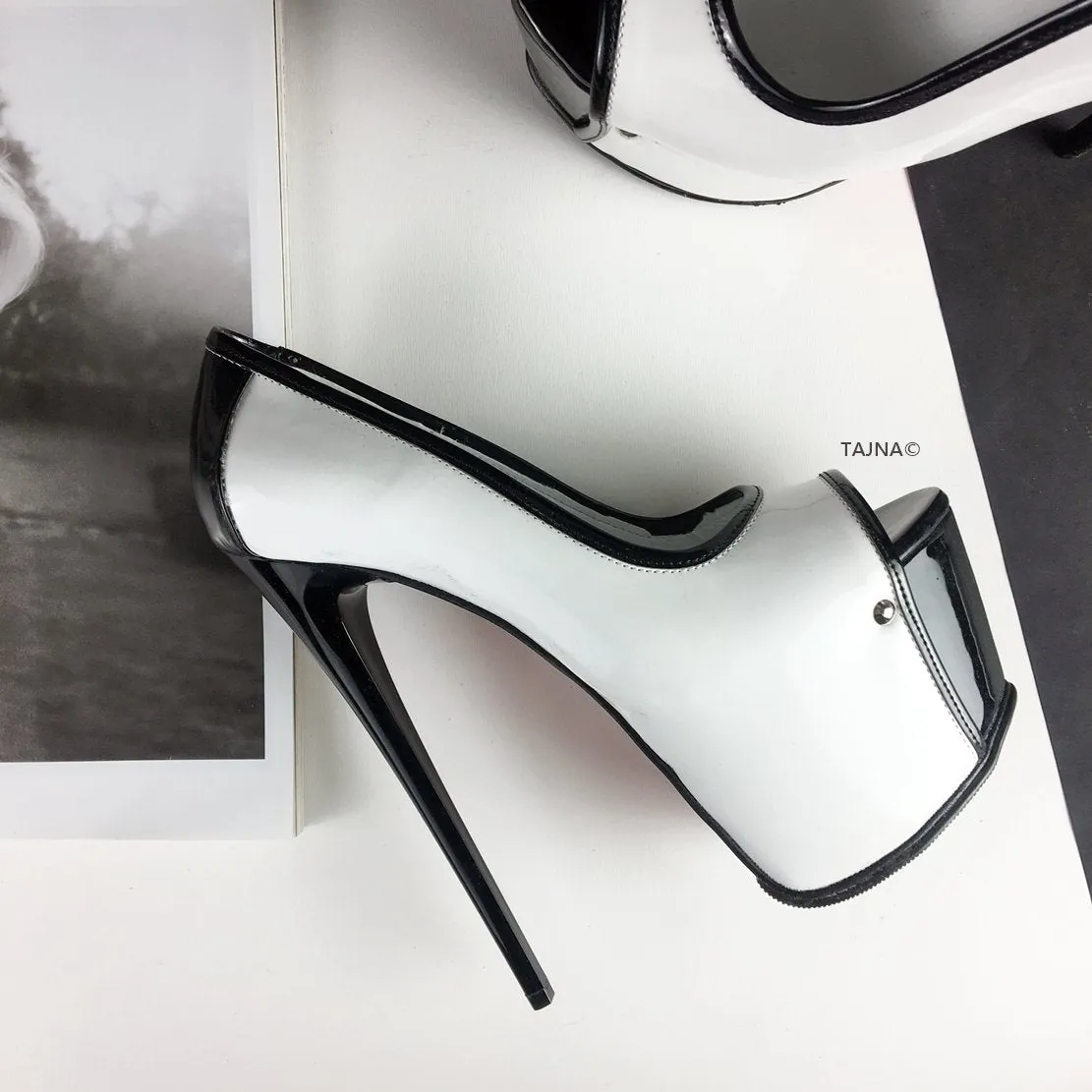 White Black Patent Open Toe Pumps