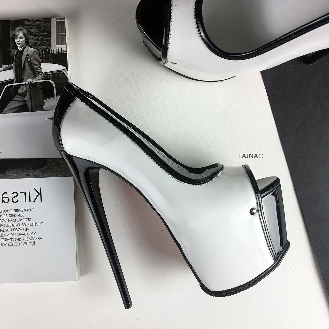 White Black Patent Open Toe Pumps