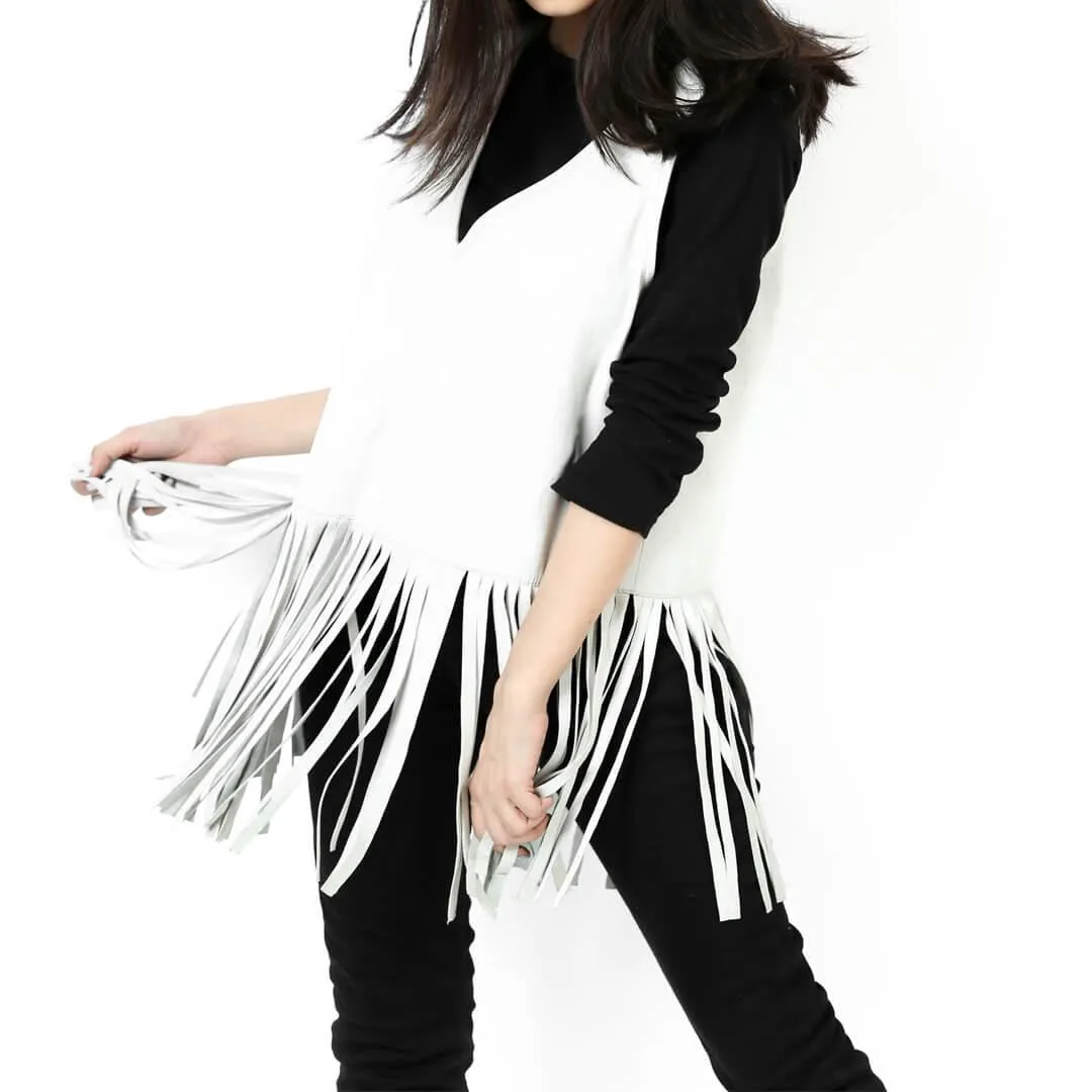 White Fringed Sleeveless Leather Top Shirt