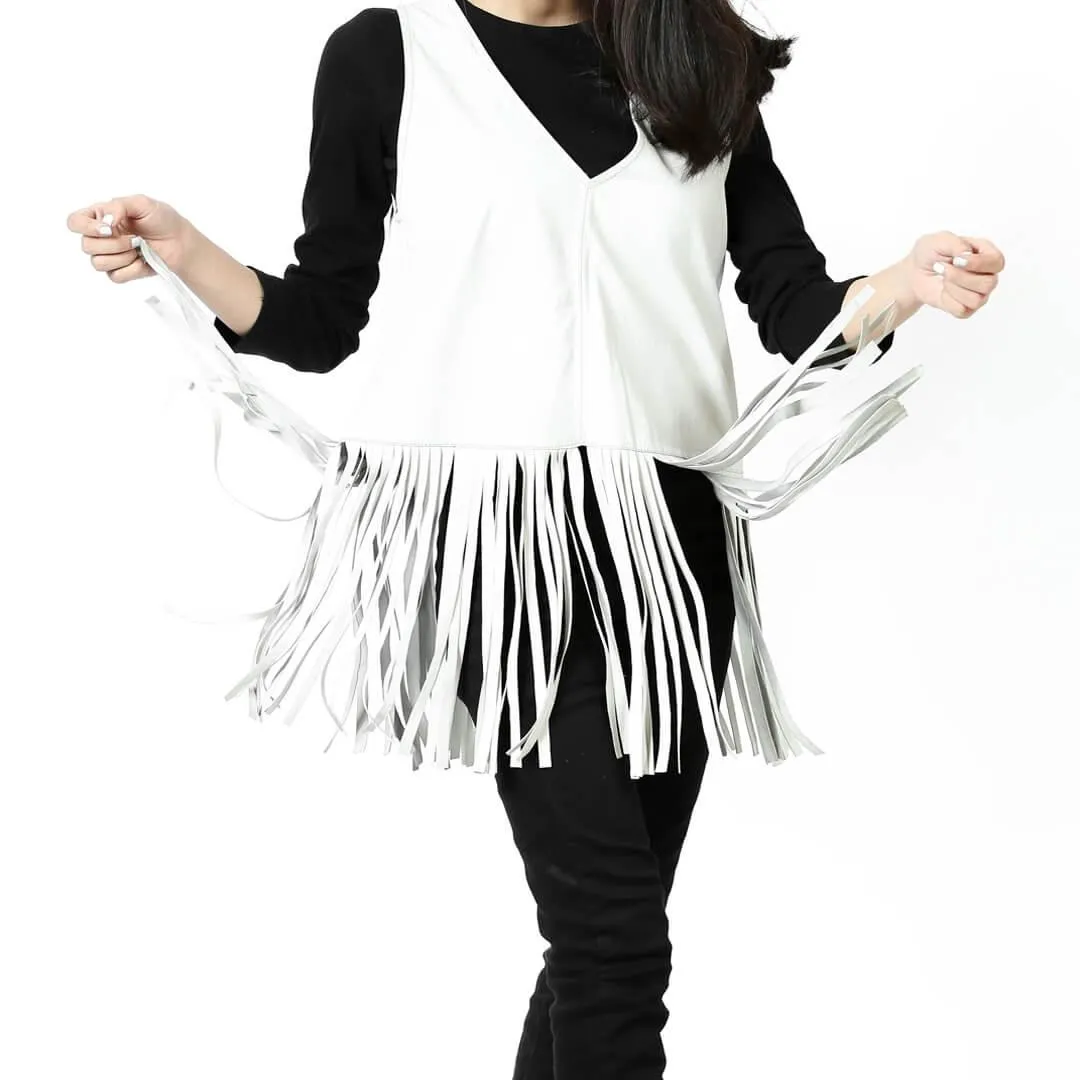 White Fringed Sleeveless Leather Top Shirt