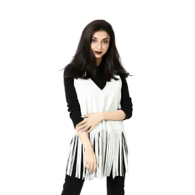 White Fringed Sleeveless Leather Top Shirt