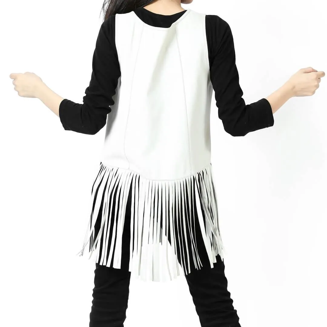 White Fringed Sleeveless Leather Top Shirt