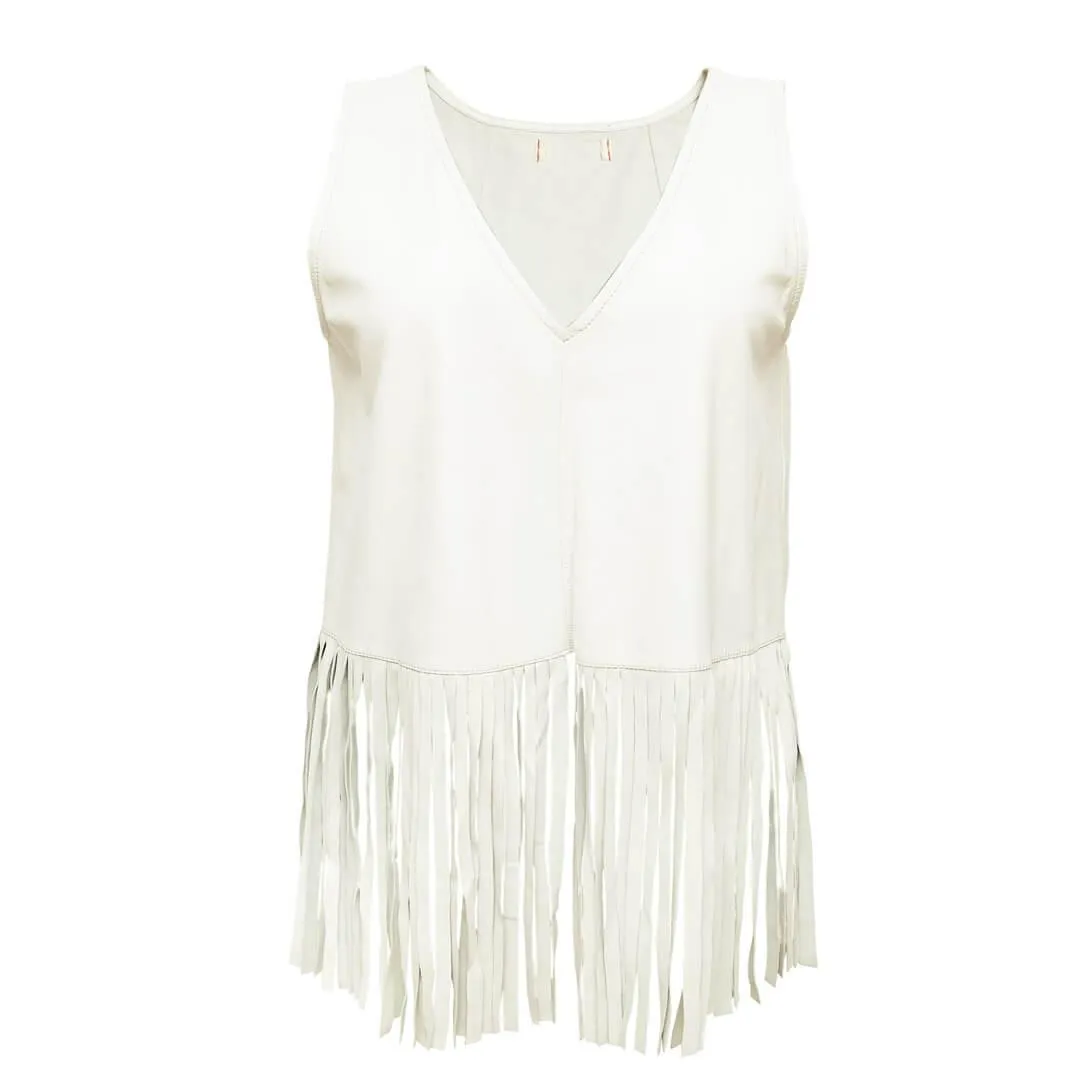 White Fringed Sleeveless Leather Top Shirt
