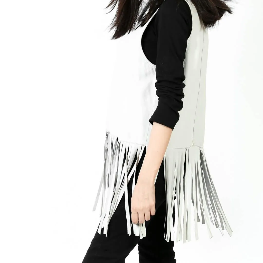 White Fringed Sleeveless Leather Top Shirt