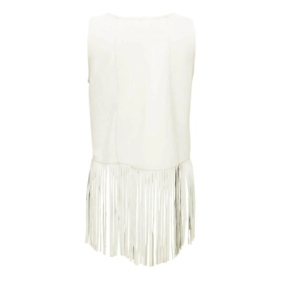 White Fringed Sleeveless Leather Top Shirt